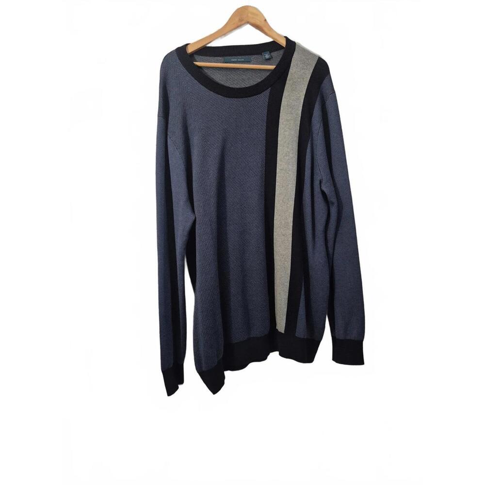 Perry Ellis Mens Gray Blue Color Block Crew Neck Sweater Long Sleeve